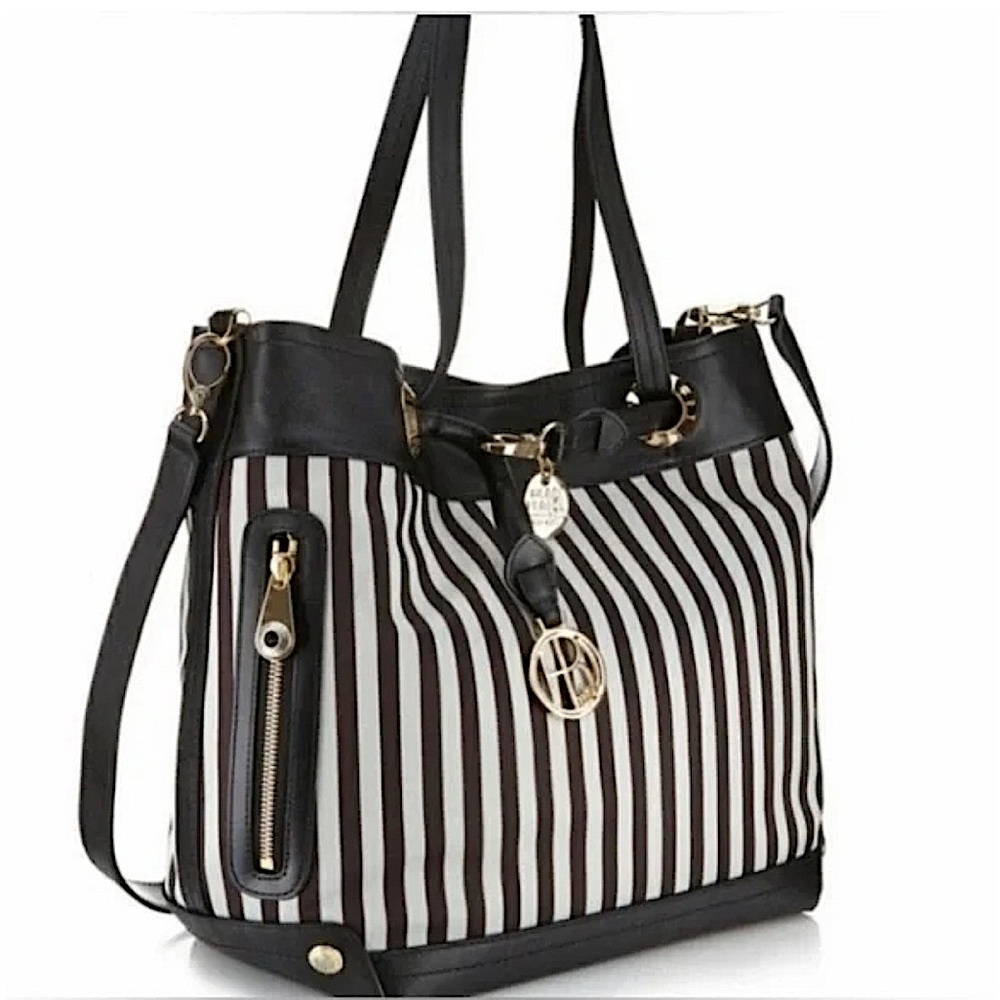 Henri Bendel Miss Bendel Shopper Brown/White Stripe NWOT
